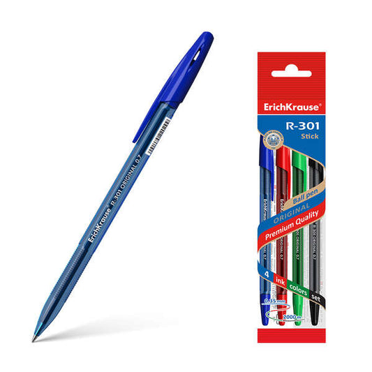 Lot de 4 stylos Erichkrause R-301 Original Stick 07 - Pointe 0,7 mm - Encre à séchage rapide -