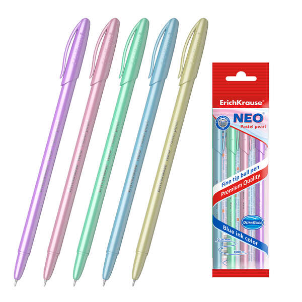 Lot de 5 stylos Erichkrause Neo Pastel Pearl - Pointe fine et élégante - Encre à faible viscosité