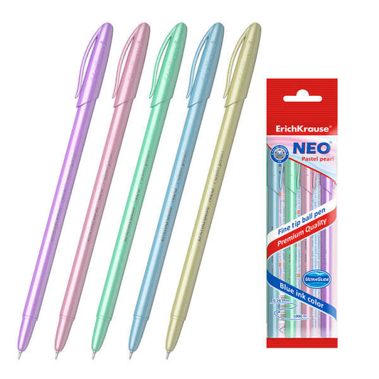 Lot de 5 stylos Erichkrause Neo Pastel Pearl - Pointe fine et élégante - Encre à faible viscosité