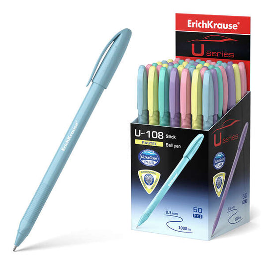 Stylo bille Erichkrause U-108 Pastel Stick 1.0 - Technologie Ultra Glide - Encre bleue