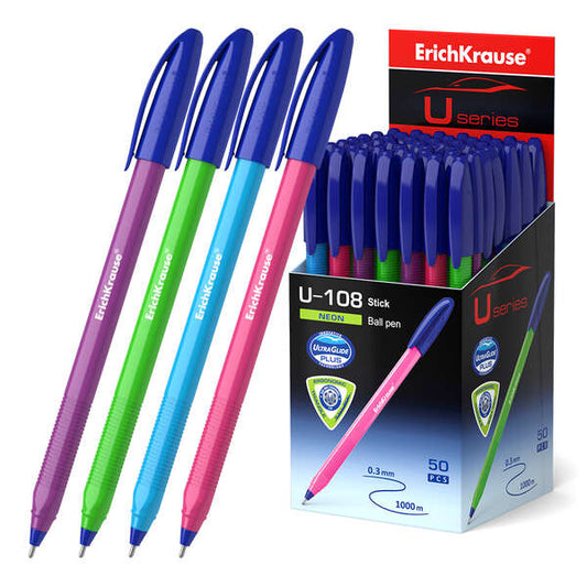 Stylo bille Erichkrause U-108 Neon Stick 1.0 - Technologie Ultra Glide - Couleur bleue