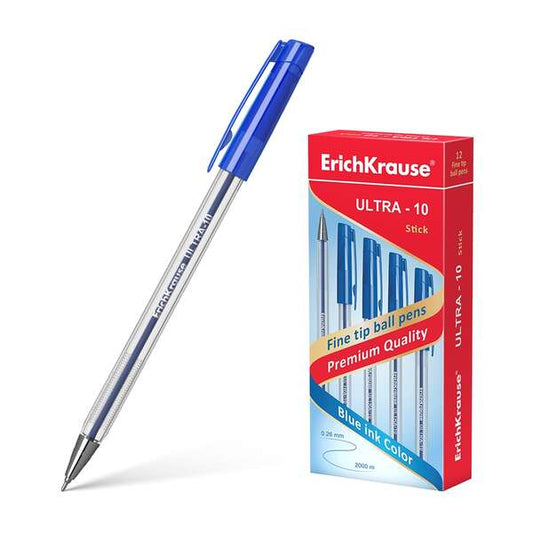 Stylo bille Erichkrause Ultra-10 - Pointe métallique type aiguille - Corps hexagonal transparent - Encre