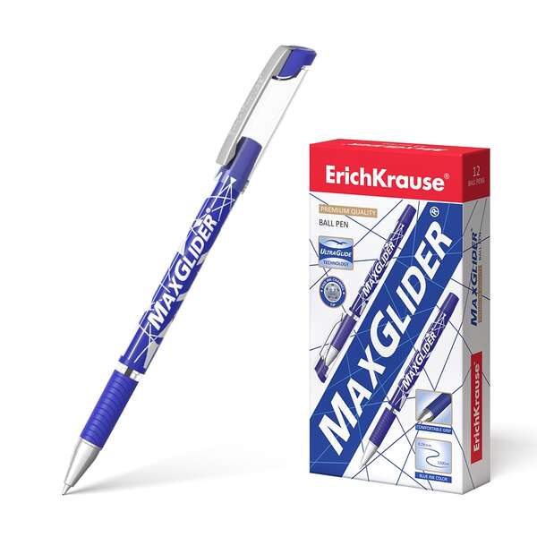 Caneta Esferográfica Erichkrause Maxglider - Tecnologia Ultra Glide - Corpo Redondo com Punho Emborrachado - Tinta Azul - Quantidade: 12