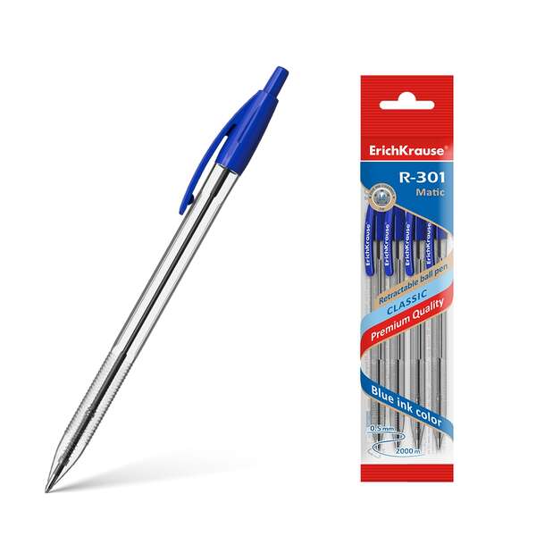 Lot de 4 stylos à bille automatiques Erichkrause R-301 Classic Matic 10 - Pointe standard 10 mm - Encre