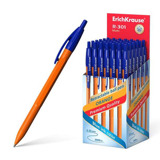 Stylo bille rétractable Erichkrause R-301 Orange Matic, pointe 0,7 mm, corps hexagonal opaque, encre.