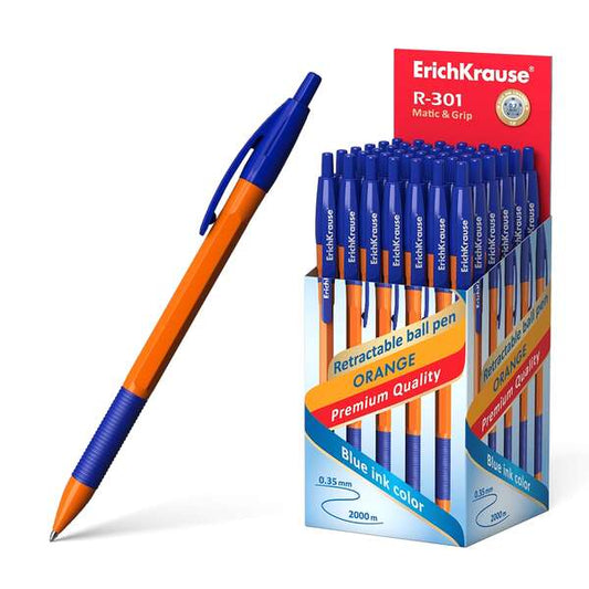 Stylo bille rétractable Erichkrause R-301 Orange Matic&amp;Grip - Pointe 0,7 mm - Trait 0,35 mm - Grip