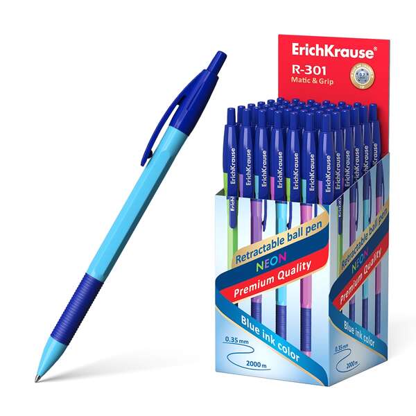 Stylo rétractable Erichkrause R-301 Neon Matic&amp;Grip - Pointe 0,7 mm - Tracé 0,35 mm environ - Encre