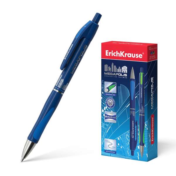 Erichkrause Boligrafo Automatico Megapolis Concept - Cuerpo Satinado Redondo - Zona de Agarre Ergonomica - Punta de 5 Canales - Tinta de Secado Rapido - Color Azul - Prinkweb
