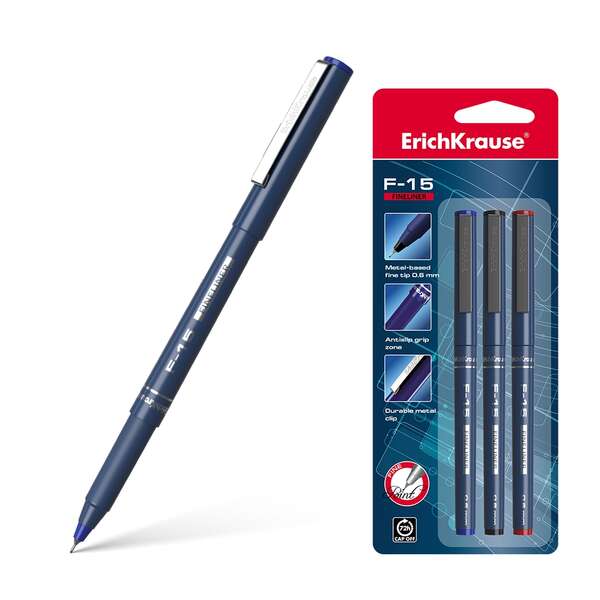 Conjunto de 3 Marcadores de Ponta Fina Erichkrause F-15 - Espessura da Linha 0,6 mm - Clipe Metálico - Preto, Azul
