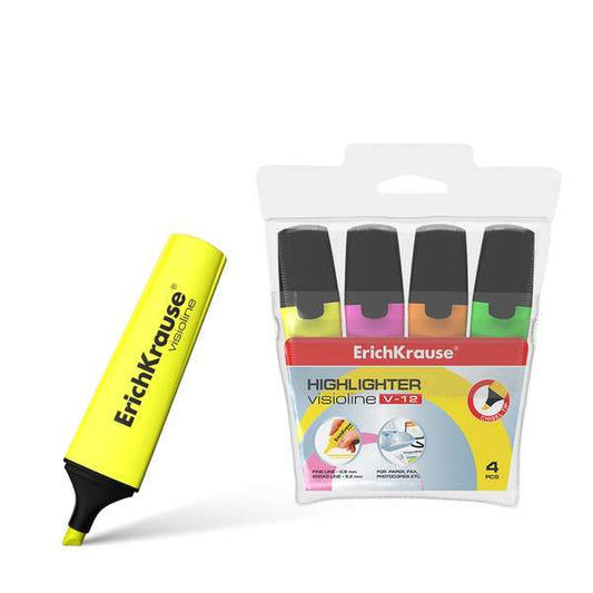 Conjunto de 4 Marcadores Fluorescentes Erichkrause Visioline V-12 - Ponta Chanfrada - Tinta à Base de Água
