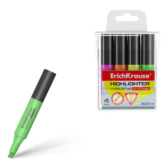 Erichkrause Visioline V-17 Mini Pack de 4 marqueurs fluorescents - Pointe biseautée 0,6-4,5 mm - Couleur