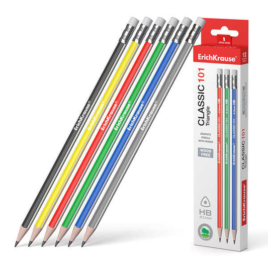 Crayon graphite triangulaire en plastique Erichkrause Classic 101 HB avec gomme - Couleurs assorties
