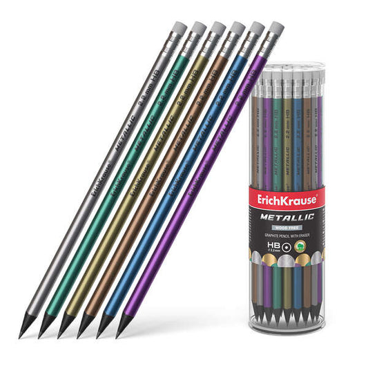 Crayon graphite HB métallique Erichkrause avec gomme - Corps rond en plastique - Couleurs S