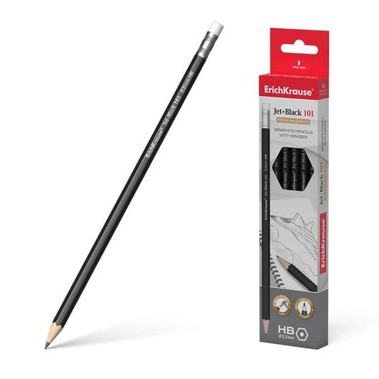 Crayon graphite hexagonal Erichkrause Jet Black 101 HB avec gomme - Résistant aux chocs -