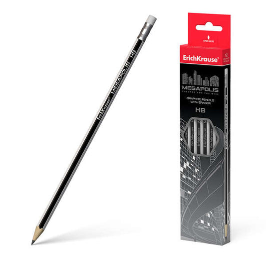 Crayon graphite hexagonal HB Erichkrause Megapolis avec gomme - Bois sélectionné - Haute qualité