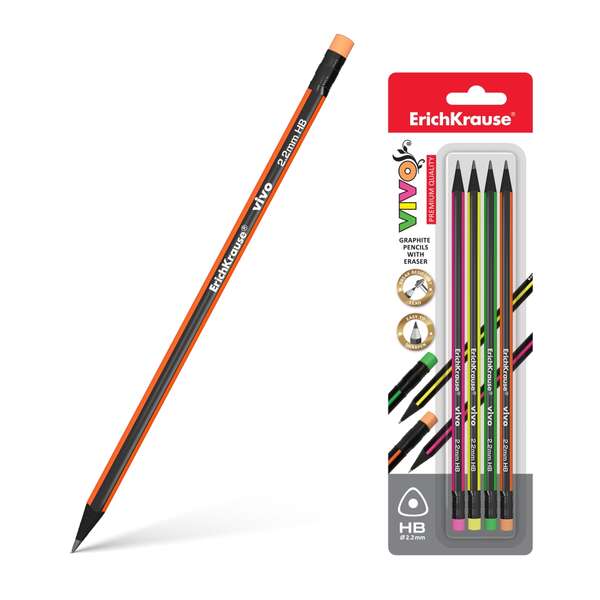 Erichkrause Vivo HB Lot de 4 crayons graphite HB triangulaires avec gomme de couleur