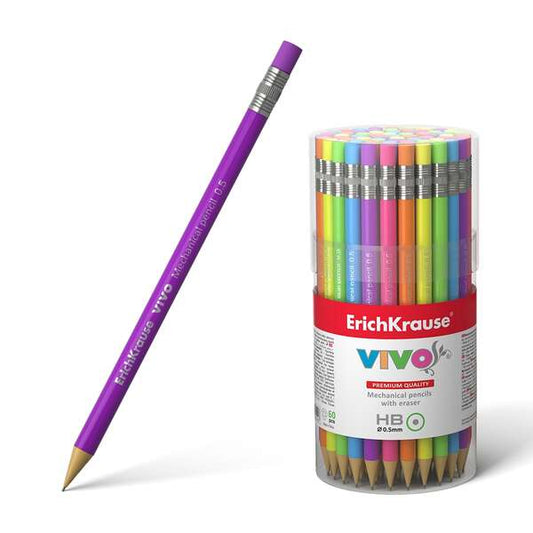 Porte-mine Erichkrause Vivo - Mine HB 0,5 mm - Corps et gomme aux couleurs néon - Dureté HB - Mines de 0,5 mm