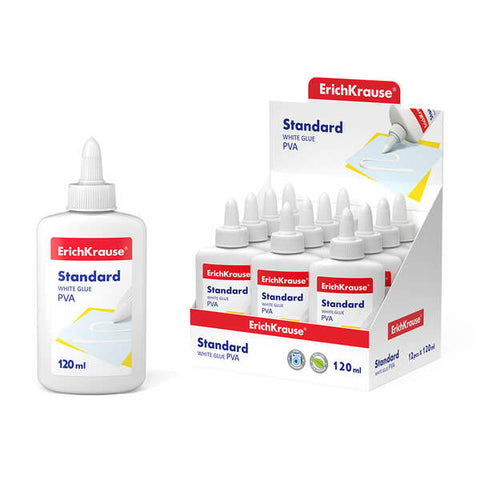Colle PVA blanche standard Erichkrause 120 ml - Applicateur autonettoyant - Régulateur d'intensité - Non toxique - Résistante au froid - Blanche - Quantité : 12