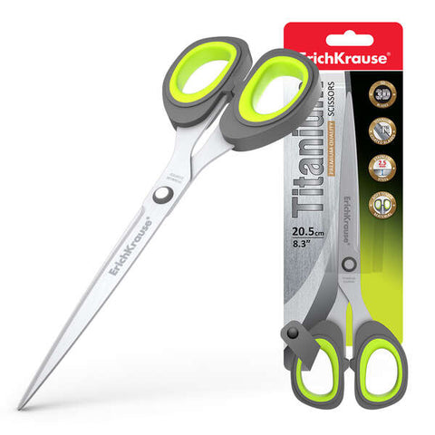 Erichkrause Titanium Scissors - Titanium-Coated Blades - High-Quality Stainless Steel - Corrosion-Resistant - Classic Handles - Gray/Green Color