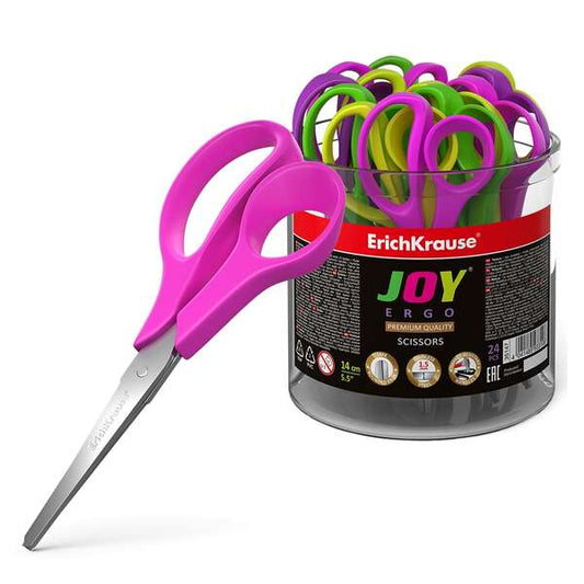 Erichkrause Tijeras Joy Ergo - Cuchillas de Acero Inoxidable - Extremos Redondeados - Resistente a La Corrosion - Mangos Ergonomicos - Color Negro - Cantidad: 24