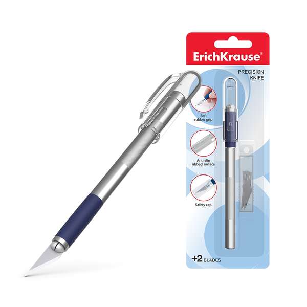 Lame de précision pour la découpe du papier Erichkrause - Corps en métal avec poignée en caoutchouc - Lame segmentée en acier - Résistante à la corrosion - Comprend 2 lames de rechange 