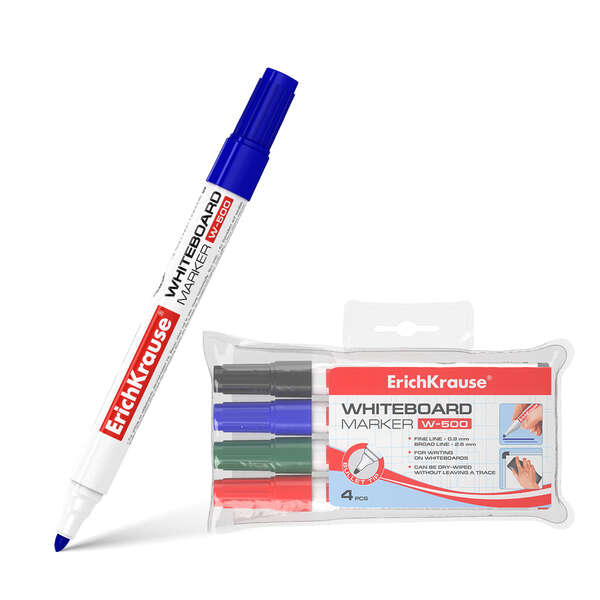 Conjunto de 4 Marcadores para Quadro Branco Erichkrause W-500 - Ponta Redonda - Curso de 0,8 mm