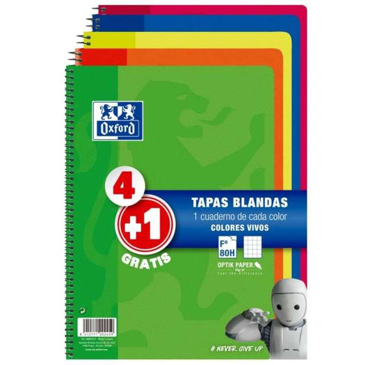Oxford Pack 4 unidades+1 Cuadernos Espiral Formato Folio Cuadriculado 4x4mm - 80 Hojas - Tapa Blanda - Colores Surtidos - Prinkweb