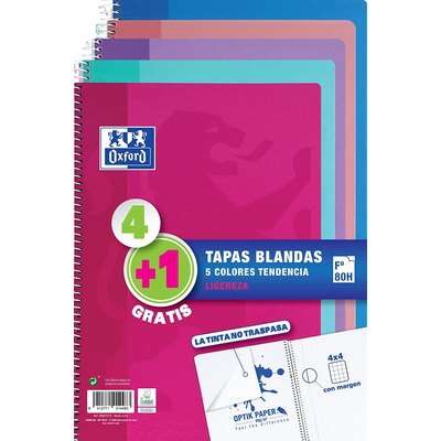 Oxford Pack 4 unidades+1 Cuadernos Espiral Formato Folio Cuadriculado 4x4mm - 80 Hojas - Tapa Blanda - Colores Tendencia Surtidos - Prinkweb