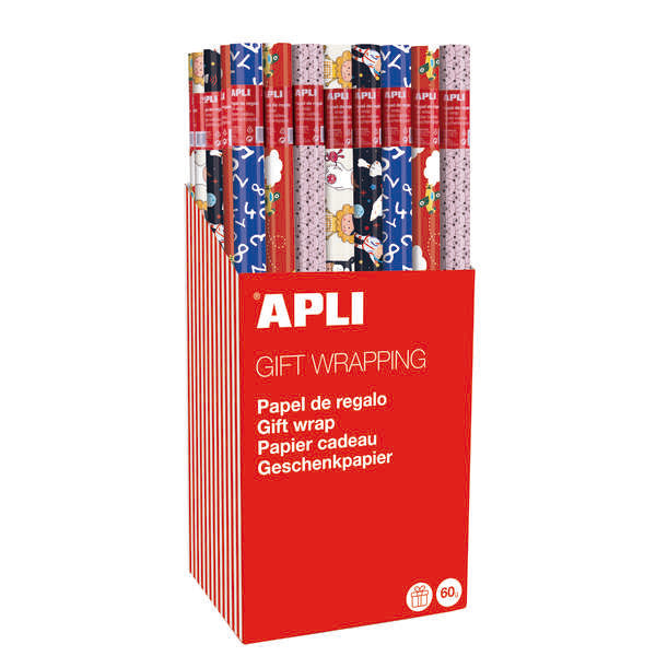 Apli Expositor de 55 Rollos de Papel Regalo Infantil - 11 Rollos por Color - Medidas del Rollo 0.70x2m - 5 Diseños