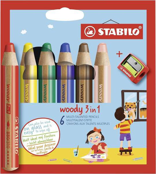 Stabilo Woody 3 en 1 Lapices de Colores + Sacapuntas - Lapiz de Color, Cera y Acuarela, To