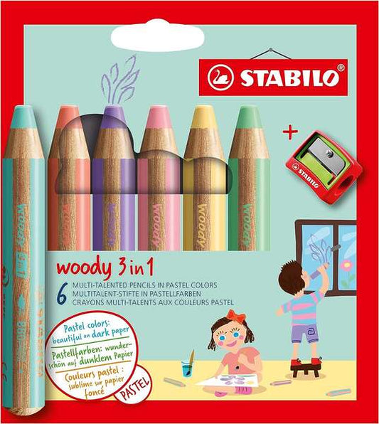 Stabilo Woody 3 en 1 Lapices de Colores Pastel + Sacapuntas - Lapiz de Color, Cera y Acuar