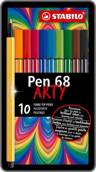 Stabilo Pen 68 Arty Caja Metalica de 10 Rotuladores - Punta de Fibra - Trazo de 1mm aprox. - Tinta a