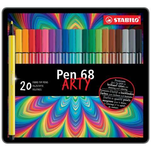 Stabilo Pen 68 Arty Caixa Metálica com 20 Marcadores - Ponta de Fibra - Espessura da Linha Aprox. 1mm - Tinta