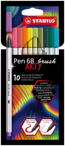 Stabilo Pen 68 Brush Arty - Embalagem de 10 Marcadores - Ponta de Pincel - Tinta à Base de Água - Cores