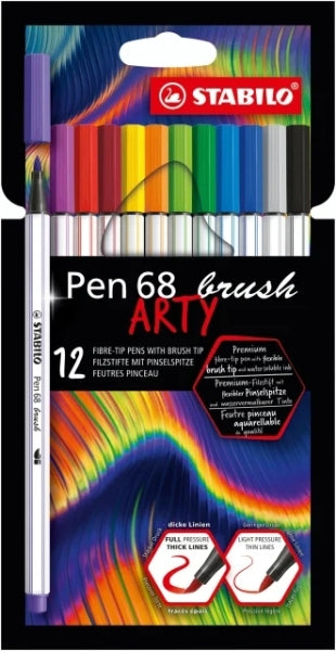 Stabilo Pen 68 Brush Arty, lot de 12 feutres à pointe pinceau, encre à base d'eau, couleurs