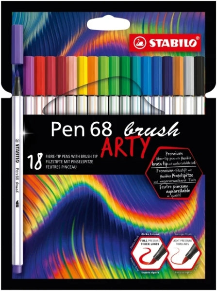 Stabilo Pen 68 Brush Arty, lot de 18 feutres à pointe pinceau, encre à base d'eau, couleurs