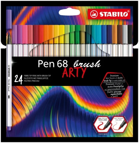 Stabilo Pen 68 Brush Arty - Embalagem de 24 Marcadores - Ponta de Pincel - Tinta à Base de Água - Cores