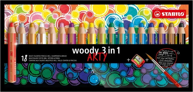 Stabilo Woody 3 em 1 Conjunto Artístico com 18 Lápis de Cor + Apontador + Pincel - Lápis de Cor, Giz de Cera
