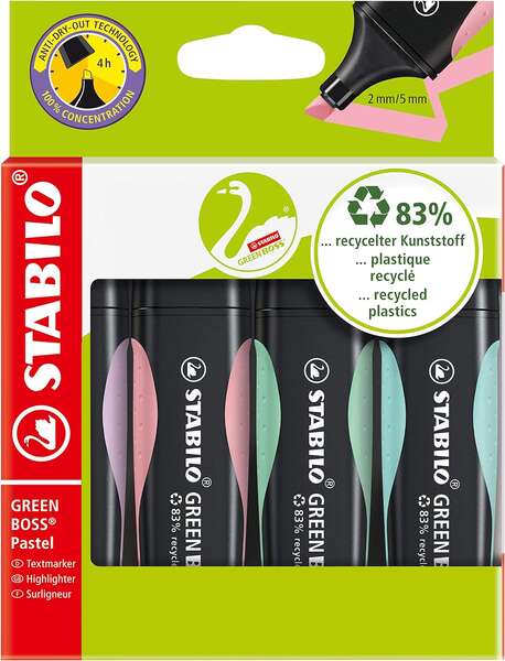 Lot de 4 marqueurs fluorescents Stabilo Green Boss Pastel - Fabriqués avec 83 % de plastique recyclé