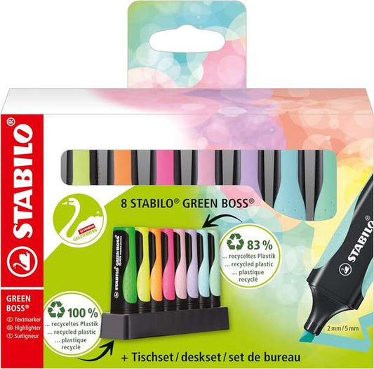 Conjunto de 8 marcadores fluorescentes Stabilo Green Boss Desk - Fabricados com 83% de plástico reciclado