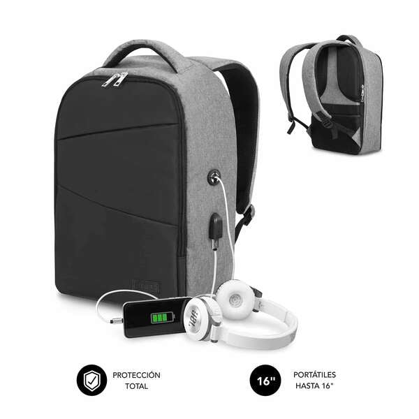 Mochila anti-roubo Subblim para portáteis de 15,6" - Compartimento separado - Espaço almofadado - Isolamento pneumático - Fecho de correr duplo - Preto/Cinza 