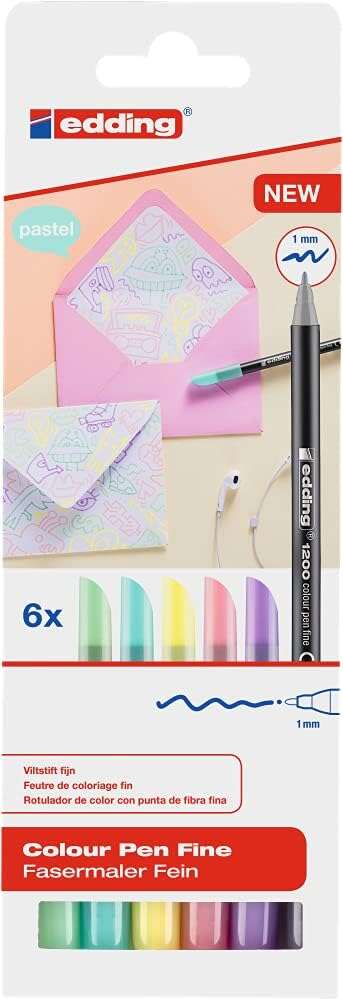Lot de 6 feutres pastel Edding 1200 - Pointe ronde - Largeur de trait : 1 mm - Encre à base d'eau - Couleur