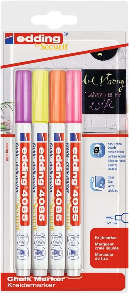 Edding 4085 Neon - Embalagem de 4 Marcadores de Giz Líquido - Ponta Redonda - Espessura do Traço de 1 a 3 mm - Odor Neutro -