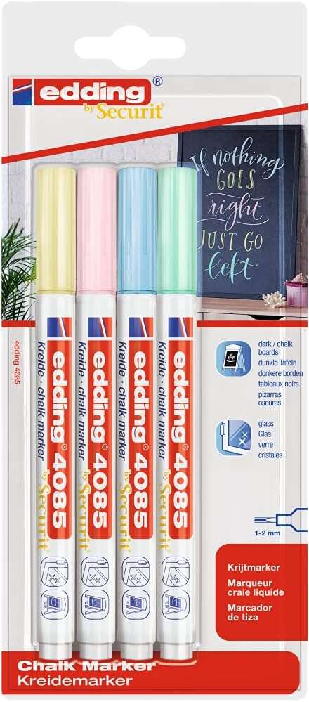 Edding 4085 Pastel - Conjunto com 4 Marcadores de Giz Líquido - Ponta Redonda - Espessura do Traço de 1 a 3 mm - Odor Neutro