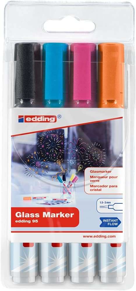 Edding 95 Lot de 4 marqueurs à craie liquide - Pointe ronde - Largeur de trait : 1,5 à 3 mm - Couleurs : Noir, Orange