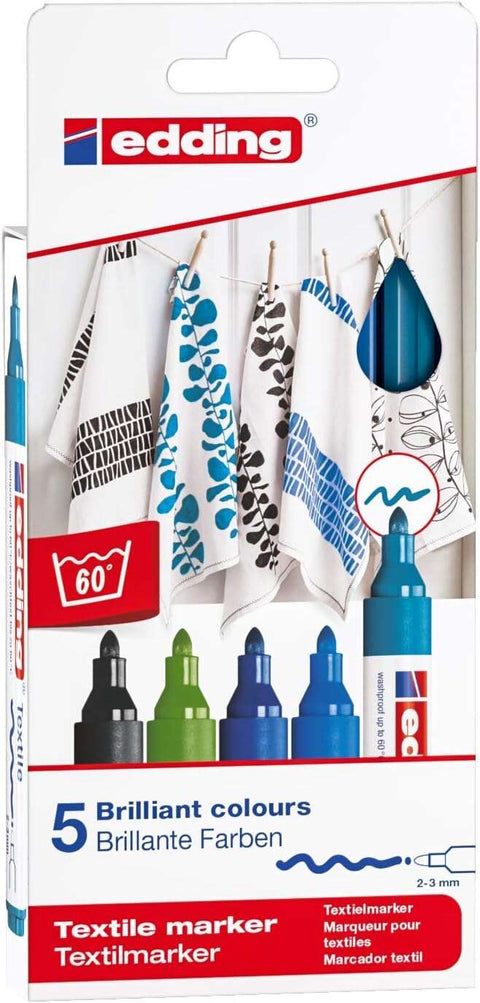Edding 4500 Cool Colors, lot de 5 marqueurs textiles permanents - Pointe ronde - Largeur de trait : 2-3 mm - Odeur neutre - Séchage rapide - Couleurs : Noir, Bleu, Bleu clair, Bleu oriental et Vert clair 