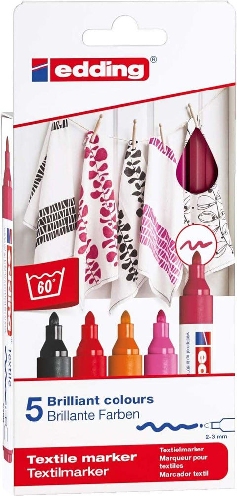 Edding 4500 - Conjunto de 5 Marcadores Permanentes para Tecido em Cores Quentes - Ponta Redonda - Espessura da Linha de 2-3mm - Odor Neutro - Secagem Rápida - Cores: Preto, Vermelho, Laranja, Rosa e Carmim 