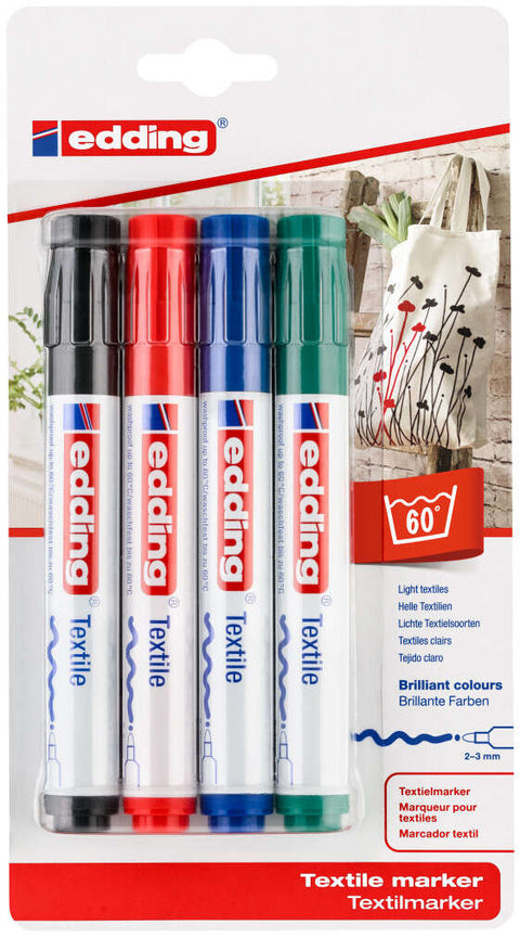 Edding 4500 Pack de 4 Marcadores Permanentes para Tecido - Ponta Redonda - Espessura da Linha de 2-3mm - Odor Neutro - Secagem Rápida - Cores: Preto, Verde, Vermelho e Azul 