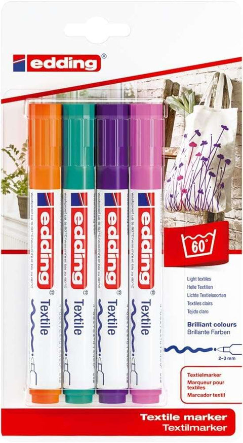 Edding 4500 Fun Colors - Pack de 4 Marcadores Permanentes para Tecido - Ponta Redonda - Largura da Linha de 2-3mm - Odor Neutro - Secagem Rápida - Cores: Laranja, Verde Claro, Violeta e Rosa 