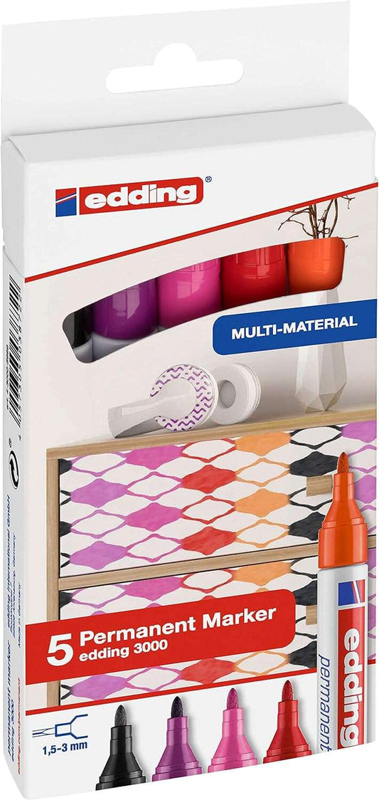 Lot de 5 marqueurs permanents Edding 3000, couleurs chaudes, pointe ronde de 1,5 mm, largeur de trait entre